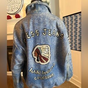 Vintage 80s Guess Jeans Denim Dye Leather Jacket. “Wild Indians California”
